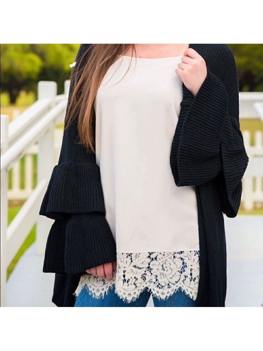 THML Ruffle Bell Sleeve Cableknit Open Cardigan